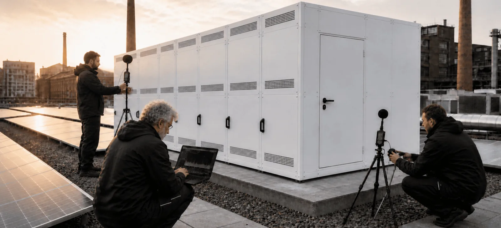 Messteam mit Schallpegelmessern und Laptop an einer weißen Schallhaube auf einem Flachdach neben einer PV-Anlage